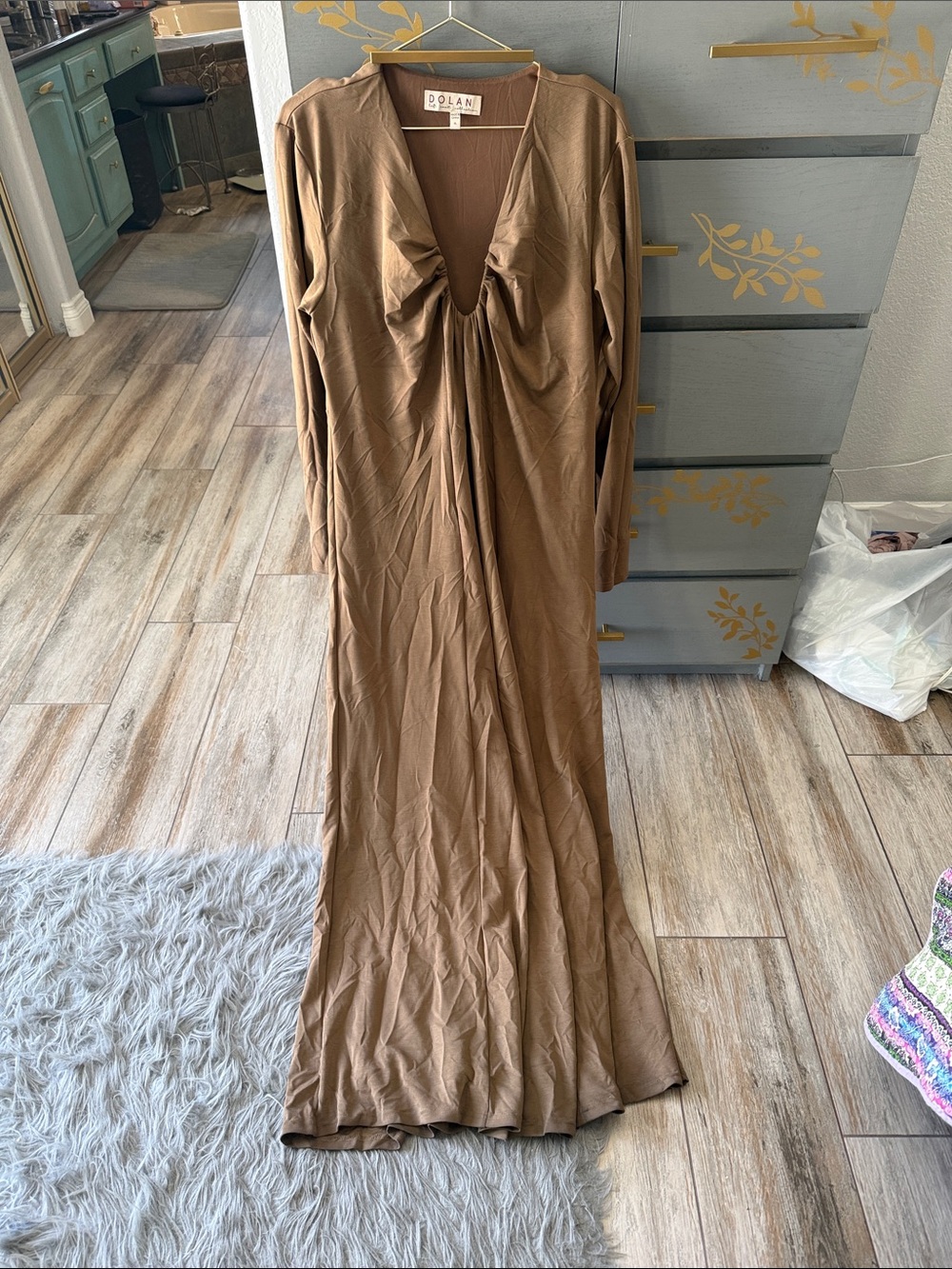 dolan Deep V Chest-Tie Long Sleeve Maxi Dress in Brown